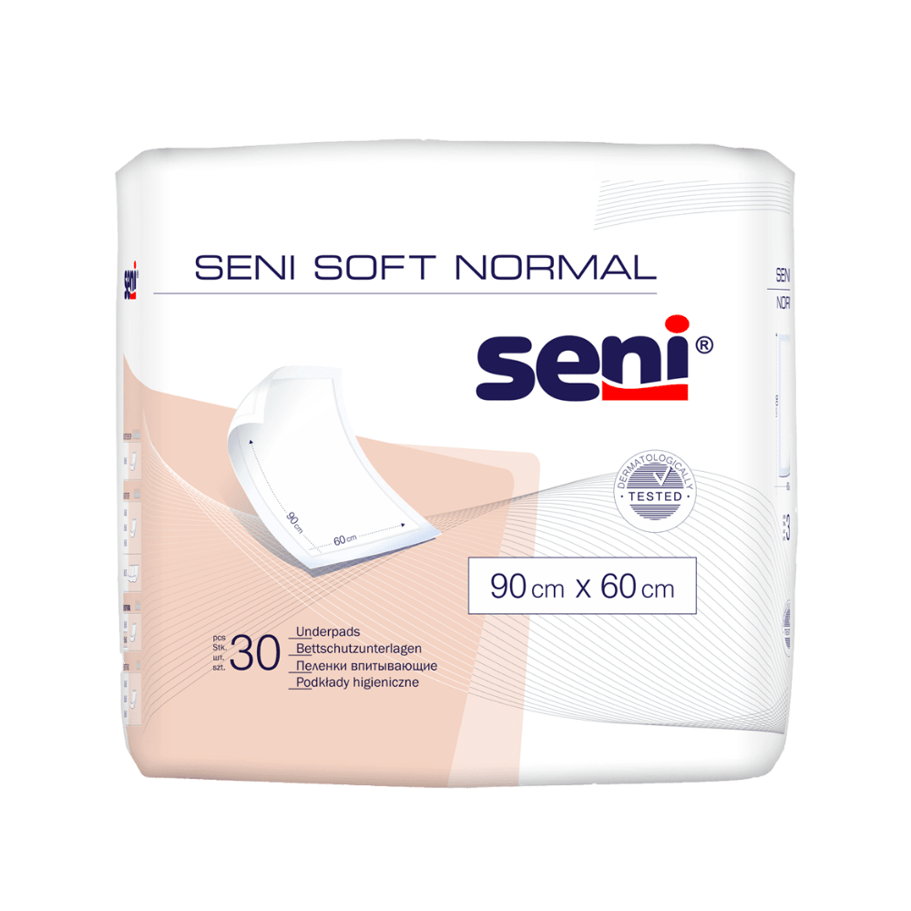 Un paquet de protections de lit Seni Soft Normal (TZMO Deutschland GmbH), 90 x 60 cm, contient 30 pads. L'emballage montre un graphique simple de sous-couche et met en avant une protection fiable. Différentes tailles disponibles.