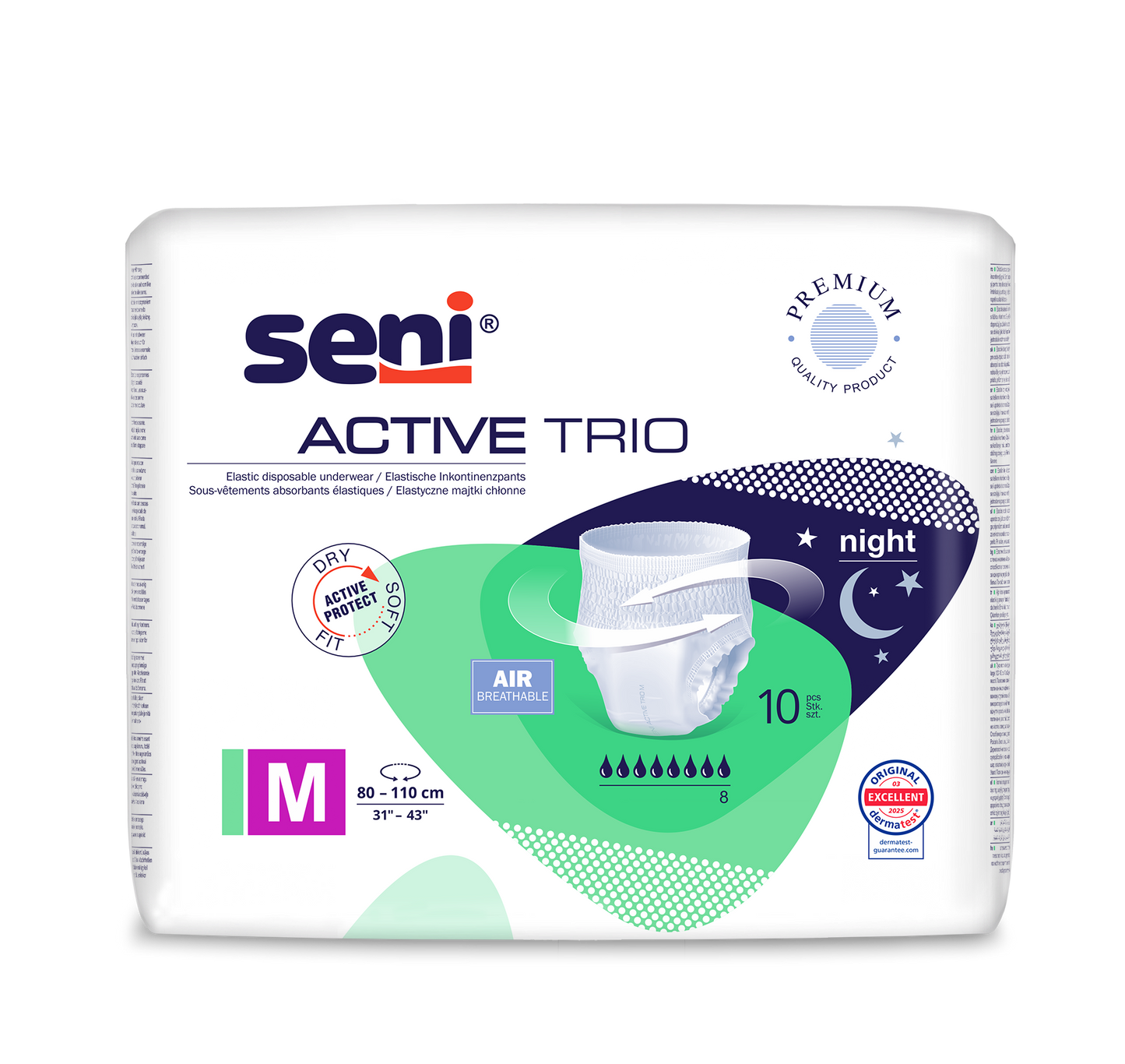 Een pak Seni Active Trio incontinentiebroekjes van TZMO Deutschland GmbH, maat M (80-110 cm), voor zware incontinentie met nachtelijke bescherming. De verpakking toont het product en benadrukt de ademendheid en dermatologische test.