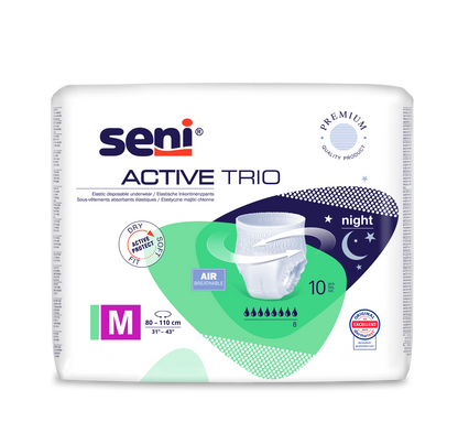 Een pak Seni Active Trio incontinentiebroekjes van TZMO Deutschland GmbH, maat M (80-110 cm), voor zware incontinentie met nachtelijke bescherming. De verpakking toont het product en benadrukt de ademendheid en dermatologische test.