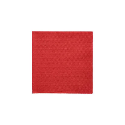 Eine einzelne rote 1-lagige PAPSTAR-Serviette (33 x 33 cm, 1/4-fach gefaltet) der PAPSTAR GmbH steht mittig auf weißem Hintergrund. Die glatte Struktur und die leuchtende Farbe unterstreichen das umweltfreundliche Design.
