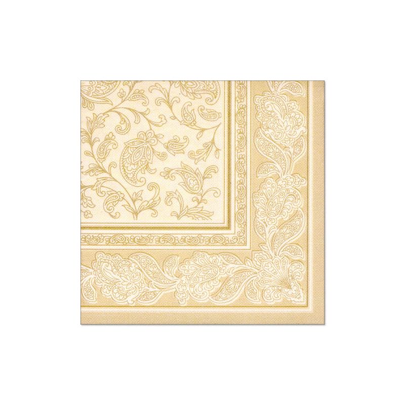 Die Servietten der PAPSTAR GmbH „ROYAL Collection“ im Format 40 cm x 40 cm mit 1/4-Falz sind quadratische Papierservietten mit einem aufwendigen goldenen Blumen- und Paisleymuster auf cremefarbenem Hintergrund. Perfekt für die Tischdekoration, der Rand zeigt ein dichtes, dekoratives Muster, das das zentrale Design wunderschön ergänzt.