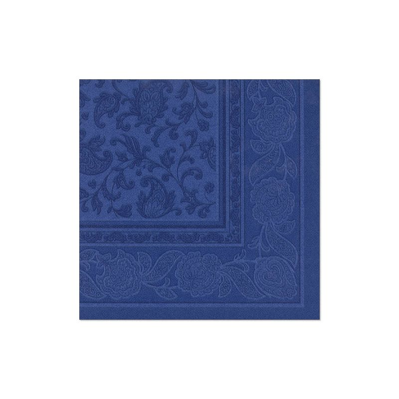 Die blaue quadratische Serviette aus der PAPSTAR Serviettenserie „ROYAL Collection“ im Format 40 cm x 40 cm, erhältlich im 20er-Pack, weist an den Rändern ein geprägtes Blumen- und Rankenmuster auf und verleiht Ihrer Tischdekoration eine elegante Note.