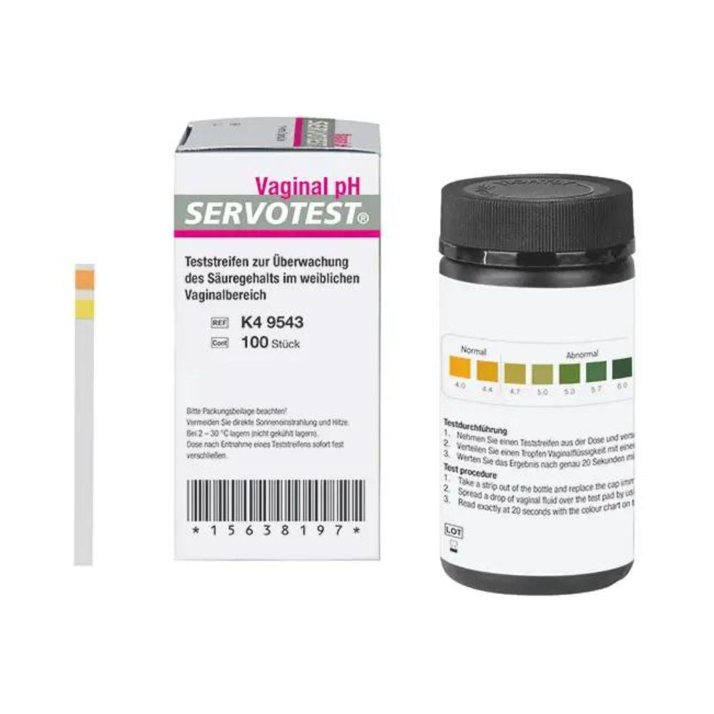 De verpakking van de Servotest Vaginale pH-indicatorstrips van Servoprax GmbH bevat informatie in de Duitse taal. Naast het doosje is een strip zichtbaar. Het etiket op de fles toont een pH-schaal die normale en abnormale gebieden aangeeft met betrekking tot de gynaecologische gezondheid.