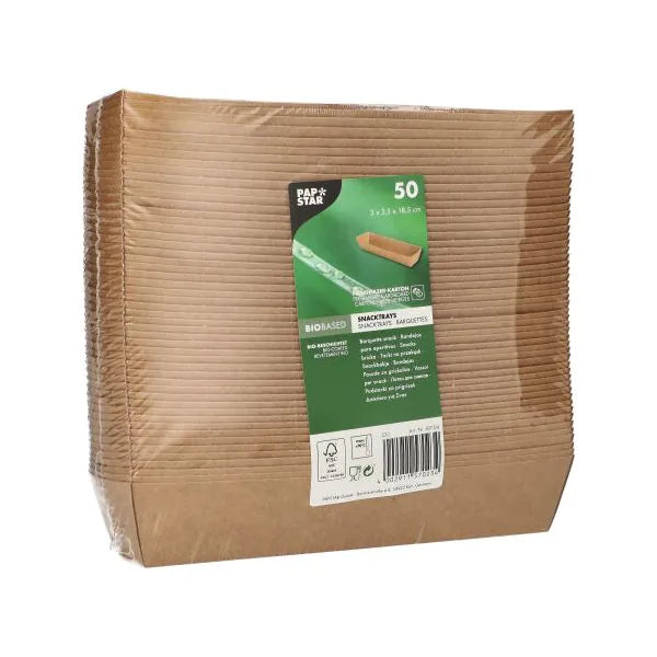 Un paquet de 50 PAPSTAR "pure" Snacktrays en carton brun de PAPSTAR GmbH - parfait comme complément écologique à la vaisselle jetable durable ou aux serviettes biodégradables.