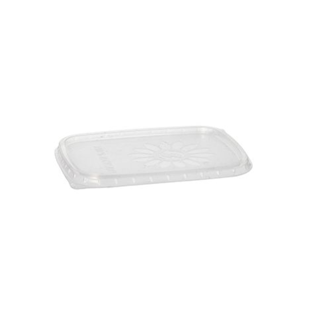 Couvercle rectangulaire transparent avec des coins arrondis et un motif floral au centre, idéal comme couvercle Starpak pour gobelets d'emballage PP pour des contenants gastronomiques pratiques à emporter.