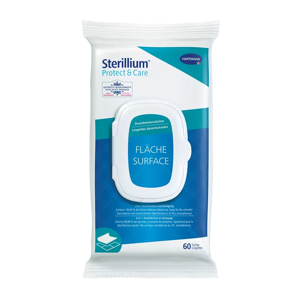 Un paquet de lingettes désinfectantes Hartmann Sterillium® Protect & Care pour surfaces Softpack. L'emballage blanc et bleu contient 60 lingettes et porte le logo de Paul Hartmann AG. Le texte sur l'emballage est principalement en allemand et indique qu'il s'agit d'une désinfection rapide des surfaces sensibles.