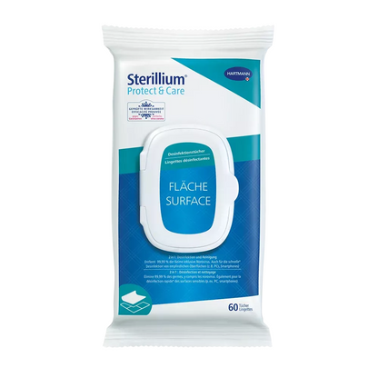 Un paquet de lingettes désinfectantes Hartmann Sterillium® Protect & Care pour surfaces Softpack. L'emballage blanc et bleu contient 60 lingettes et porte le logo de Paul Hartmann AG. Le texte sur l'emballage est principalement en allemand et indique qu'il s'agit d'une désinfection rapide des surfaces sensibles.