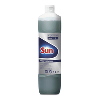 Een fles Diversey Sun Professional handafwasmiddel van 1 liter, geproduceerd door Diversey Deutschland GmbH & Co. OHG, is voorzien van een witte dop en een overwegend wit etiket met het Sun-logo, productgegevens, reinigings- en veiligheidssymbolen, en valt op door zijn frisse citroengeur.