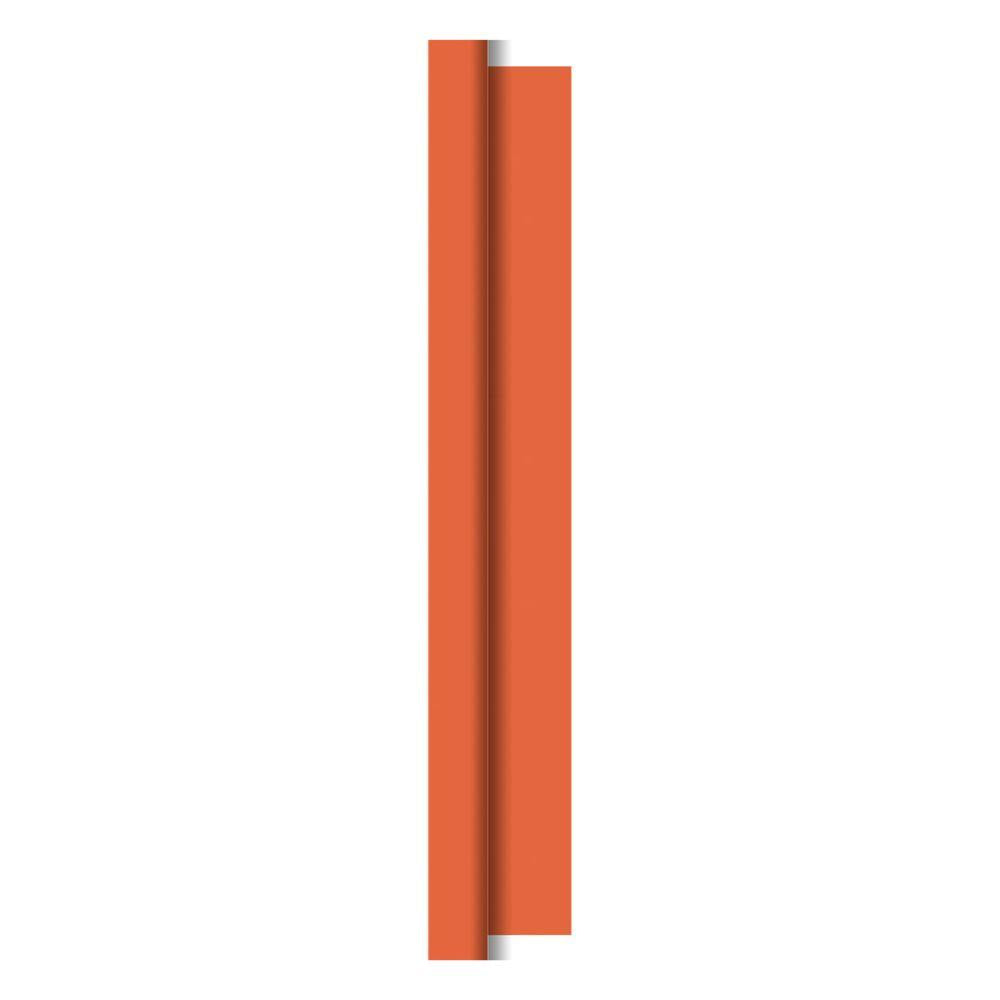 Une barre rectangulaire verticale orange avec une rainure centrale, rappelant les rouleaux de nappes flexibles Dunicel (1,18 m x 25 m) de Duni GmbH, sur un fond blanc simple.