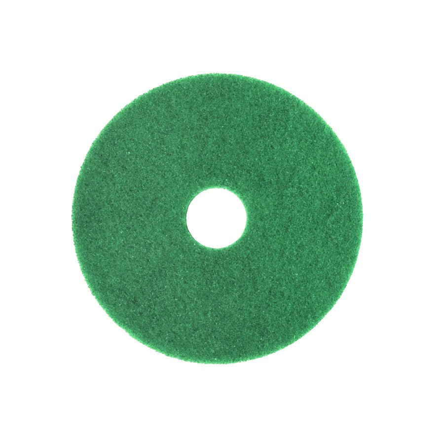 De Arcora Superpad Groen van Arcora International GmbH is een groene, ronde pad met middelgat, ideaal voor de basisreiniging op gevoelige vloeren of het onderhoud op robuuste oppervlakken. Afgebeeld op een witte achtergrond.