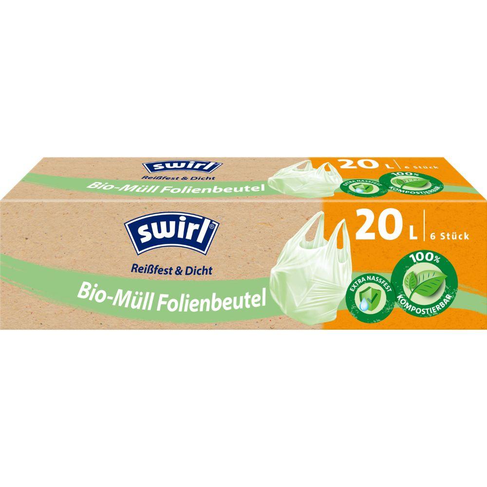 Eine Rolle Swirl Bio-Müll Folienbeutel mit Tragegriff (20L, 6 Beutel) von Melitta Europa GmbH & Co. KG – reißfest, auslaufsicher, DINplus-zertifiziert, kompostierbar. Grünes Beutelbild auf der Verpackung.