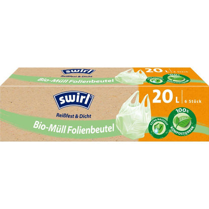 Eine Rolle Swirl Bio-Müll Folienbeutel mit Tragegriff (20L, 6 Beutel) von Melitta Europa GmbH & Co. KG – reißfest, auslaufsicher, DINplus-zertifiziert, kompostierbar. Grünes Beutelbild auf der Verpackung.