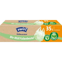 Een doos Swirl De biologisch afbreekbare afvalzakken met handvat van 35 l van Melitta Europa GmbH & Co. KG bevatten 6 scheurvaste, lekvrije, composteerbare zakken (Duitse keurmerk) met milieusymbolen voor milieuvriendelijke afvalverwerking.