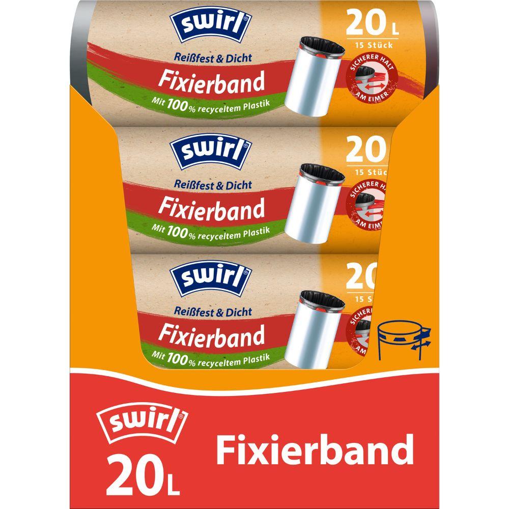 Drei Rollen Swirl Fixierband-Müllbeutel 20 l Reißfest & Dicht von Melitta Europa GmbH & Co. KG mit je 15 Beuteln in oranger und grüner Verpackung, aus 100 % Recycling-Kunststoff und mit reißfester Folie ausgestattet.