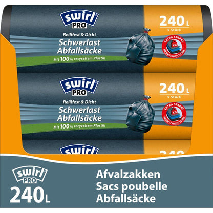 Deux rouleaux Swirl de sacs lourds Profi avec cordon 240 l (5 sacs, résistants & étanches) de Melitta Europa GmbH & Co. KG, en emballage orange et bleu avec étiquettes multilingues et plastique recyclé.