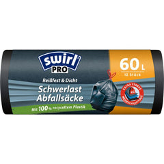 La Swirl Les sacs « Profi » pour charges lourdes avec cordon de serrage, d'une capacité de 60 l, résistants à la déchirure et étanches, de la société Melitta Europa GmbH & Co. KG, sont livrés en rouleau de 12 sacs ultra-résistants à la déchirure, dans un emballage noir et jaune composé à 100 % de plastique recyclé.