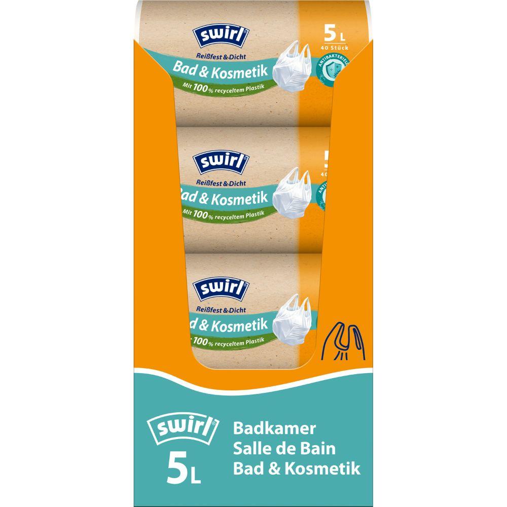 Un rouleau Swirl de sacs poubelle avec poignées pour salle de bain & cosmétiques 5 l Résistant à la déchirure & Étanche de Melitta Europa GmbH & Co. KG avec 40 sacs poubelle de salle de bain résistants à la déchirure et étanches en plastique recyclé. La boîte est illustrée en orange et bleu.