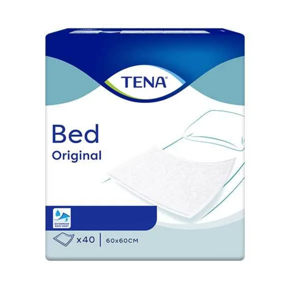 De afbeelding toont de TENA Bed Original bedbeschermers, vervaardigd door TENA - Essity Germany GmbH. Het ontwerp is overwegend in blauw en wit gehouden en toont een grafiek van een bedbeschermer. Het benadrukt de waterdichte eigenschap en geeft een afmeting van 60 x 60 cm aan, die 40 stuks bevat en geschikt is voor de behandeling van onvrijwillig urineverlies.