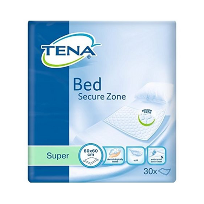 De in blauw en groen ontworpen verpakking van de TENA Bed Super bedbeschermers benadrukt de absorptievermogen "Super" met superabsorberende micro-parels. Ze meet 60x60 cm, bevat 30 incontinentiebeschermers en toont een bed met een onderlegger als aanwijzing voor de lekbescherming. Het product wordt aangeboden door TENA - Essity Germany GmbH.