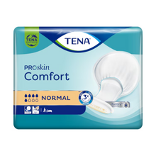 Die TENA Comfort Normal Inkontinenzvorlage-Packung mit 42 Stück von TENA - Essity Germany GmbH enthält Einlagen, die einen hervorragenden Auslaufschutz bieten. Die Verpackung ist hauptsächlich blau mit weißen und goldenen Akzenten und zeigt ein Einlagenbild sowie Symbole für Saugfähigkeit, Geruchskontrolle und Auslaufschutz.