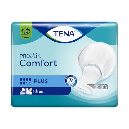 La protection d'incontinence TENA Comfort Plus | Paquet (46 pièces), conçue par TENA - Essity Germany GmbH, dispose d'un emballage bleu-vert élégant, orné du logo de la marque et du nom du produit. Les points forts tels que «3x protection», «FeelDry» et «Protection contre les fuites» sont mis en avant de manière proéminente, accompagnés de symboles représentant le niveau d'absorption et les avantages de protection.