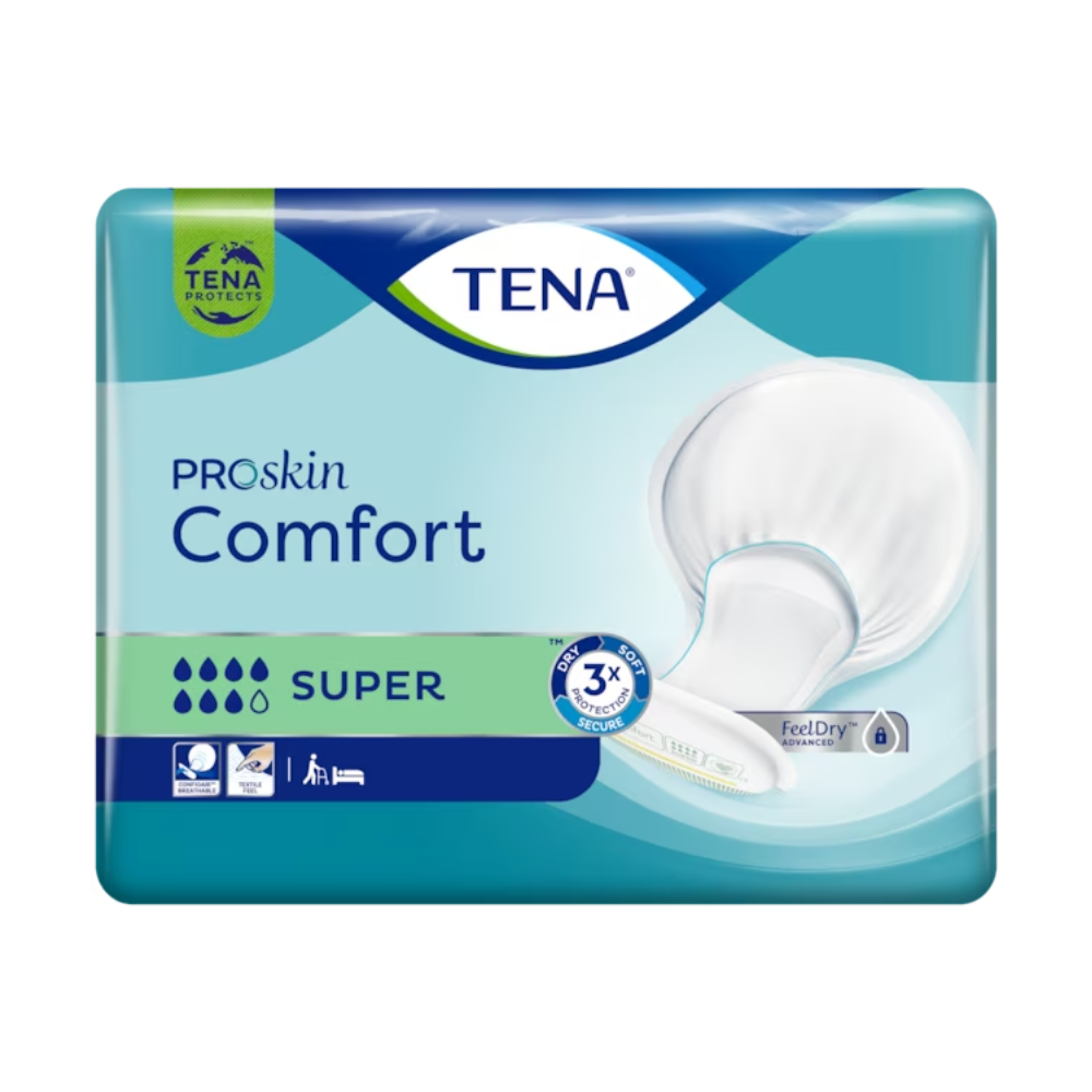 L'emballage de la protection d'incontinence TENA Comfort Super, avec sa représentation claire du produit, souligne à travers des icônes explicites les propriétés testées dermatologiquement et de protection contre l'humidité. Le design principalement en bleu et vert facilite l'identification.