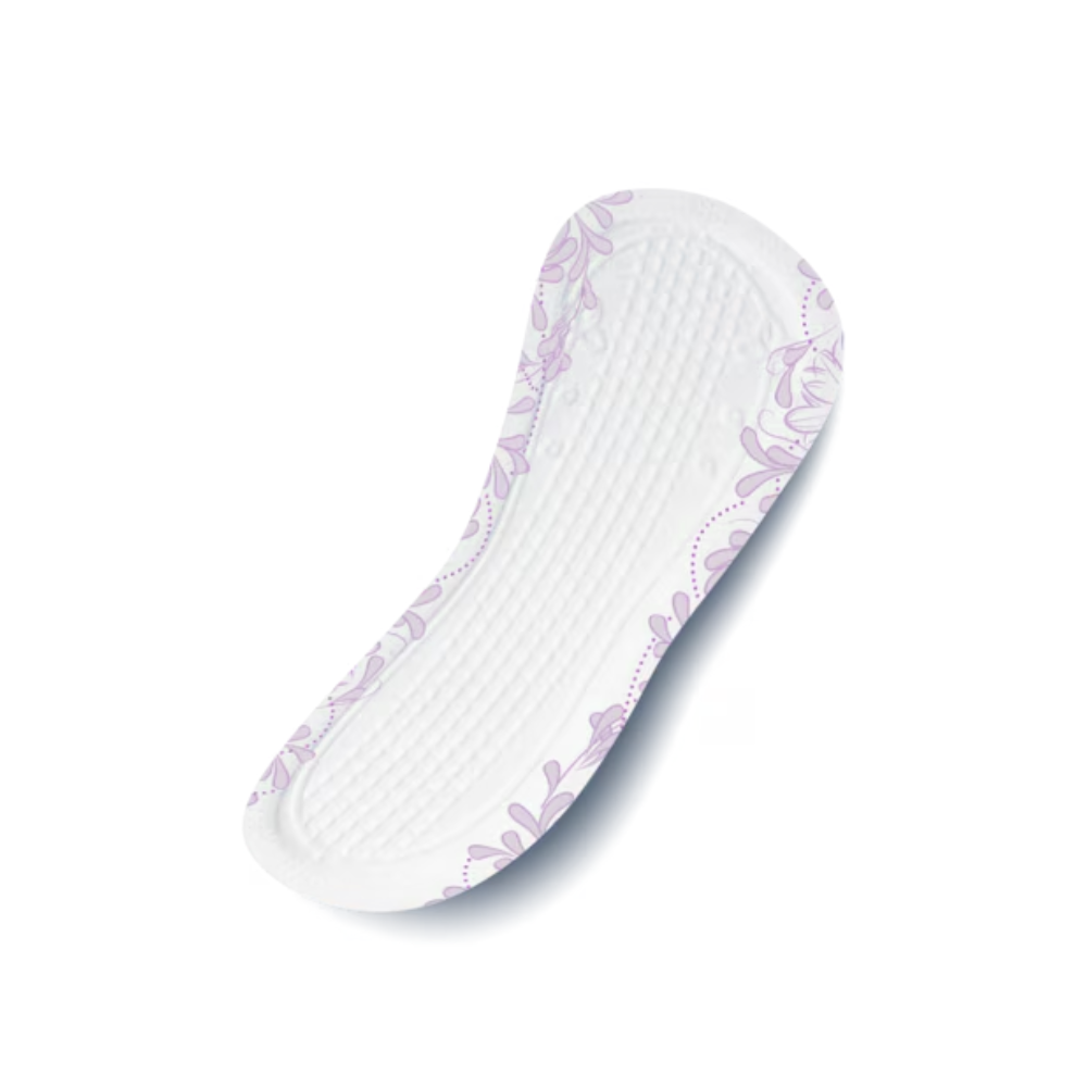 La serviette d'incontinence TENA Discreet Mini Plus de TENA – Essity Germany GmbH offre une triple protection avec une base blanche et un motif floral violet discret. Sa surface texturée assure une excellente capacité d'absorption pour un confort maximal et sa forme incurvée et allongée offre une protection fiable contre l'incontinence. Ce produit est livré dans un paquet de 20 pièces.