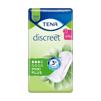 L'emballage des protections pour incontinence TENA Discreet Mini Plus, fabriquées par TENA - Essity Germany GmbH, est de couleur bleue et verte. Il met en avant des caractéristiques telles que « jusqu'à 12 heures de sécheresse » et « triple protection contre les odeurs » pour une protection triple. De plus, on y voit une image accrocheuse représentant une serviette hygiénique à motif floral, destinée à mettre en avant l'efficacité de la protection contre les fuites urinaires. Le paquet contient 20 pièces.