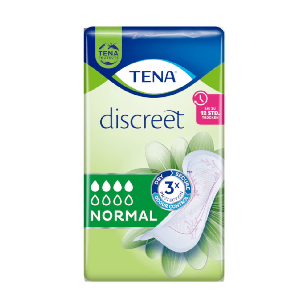 Un paquet de protections urinaires TENA Discreet Normal | Paquet (24 pièces) est présenté, parfait pour le traitement de l'incontinence. L'emballage vert-bleu montre en haut le logo de marque de TENA - Essity Germany GmbH, avec des symboles pour l'absorption et le confort. Un motif floral en bas à droite souligne l'utilisation de la technologie microPROTEX.