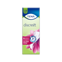 Une boîte de protections pour l'incontinence TENA Discreet Ultra Mini de TENA – Essity Germany GmbH contient 28 protections destinées aux cas d'incontinence légère. L'emballage, principalement vert avec un couvercle bleu, arbore un motif floral rose ainsi que l'image d'une protection, et met en avant la technologie microPROTEX™ qui offre une protection contre l'humidité trois fois plus efficace.