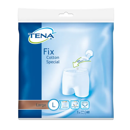 Een verpakking TENA Fix Cotton Special Fixeerbroek Incontinentieondergoed, maat L, van TENA - Essity Germany GmbH. De blauw-witte verpakking toont een afbeelding die comfort en pasvorm benadrukt, evenals symbolen met gedetailleerde wasinstructies en productinformatie voor eenvoudige verzorging.