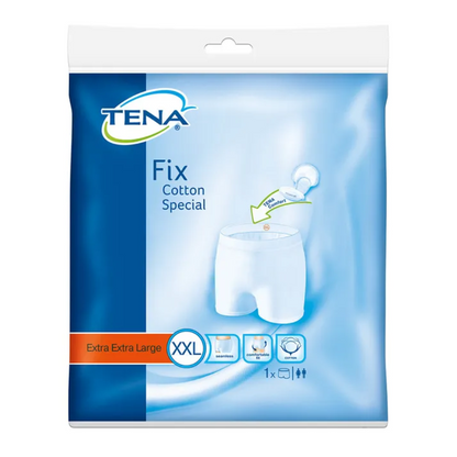 De verpakking van de TENA Fix Cotton Special Fixeerbroek, vervaardigd door TENA - Essity Germany GmbH, in maat XXL toont een afbeelding die eruitziet als een witte onderbroek. Symbolen benadrukken haar eigenschappen, vergezeld van teksten die wijzen op 'Extra Extra Large' en '1x'. Ze is perfect geschikt om incontinentie-inleggers veilig op hun plaats te houden.