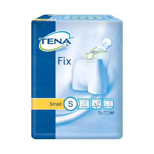 Abbildung einer TENA Fix Inkontinenz-Fixierhosen-Produktpackung zur Inkontinenzversorgung. Die überwiegend blaue Verpackung zeigt eine Abbildung weißer Fixierhosen-Unterhosen. Das Etikett weist auf eine kleine Größe mit einer Menge von fünf Stück hin. Verschiedene Symbole heben die Eigenschaften dieser TENA Inkontinenzprodukte hervor.