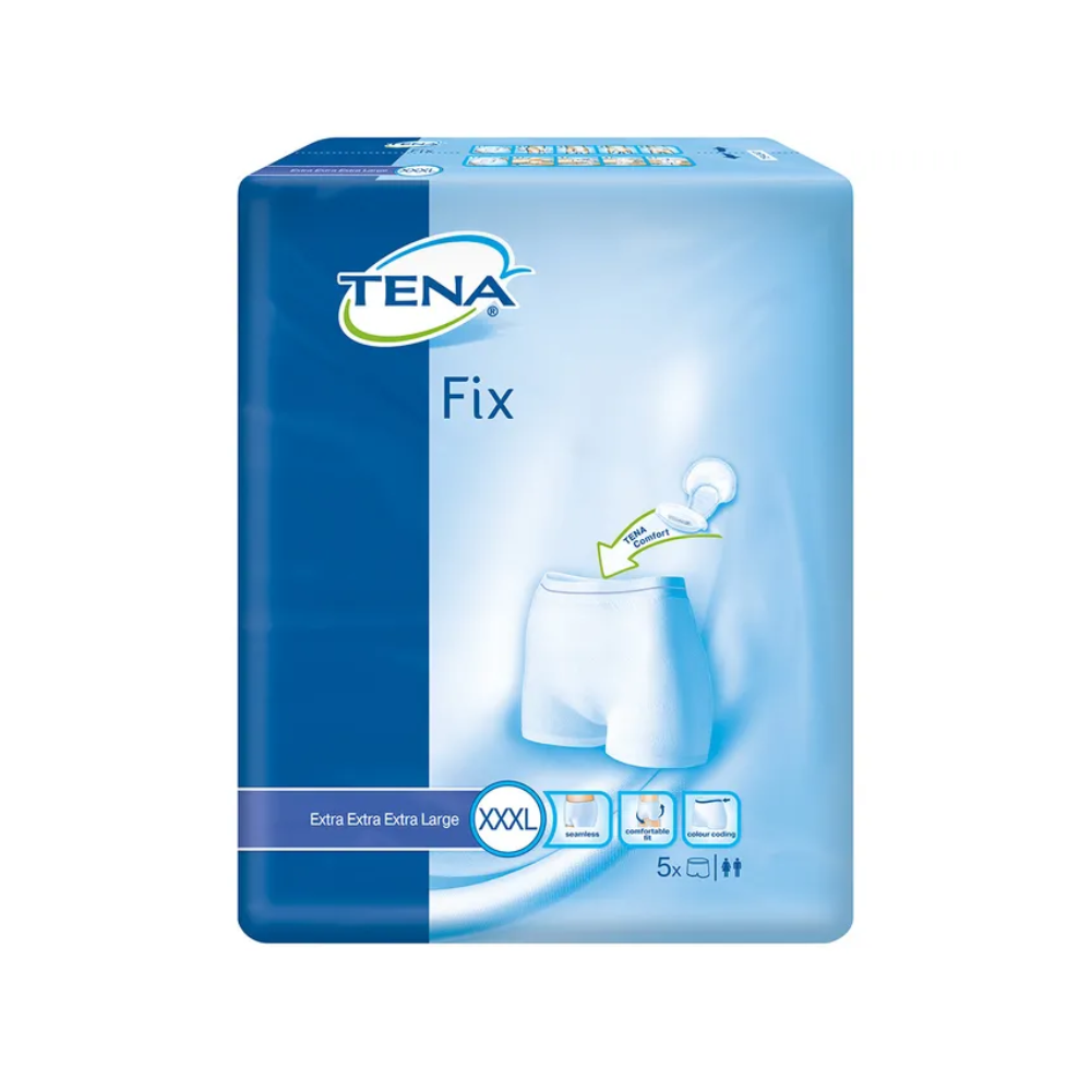 L'image montre un paquet de culottes de fixation pour incontinence TENA Fix de TENA – Essity Germany GmbH. L'emballage est bleu avec du texte blanc, indique la taille XXXL et contient cinq pièces. Une illustration souligne l'ajustement et assure une protection fiable contre les fuites pour plus de confiance.