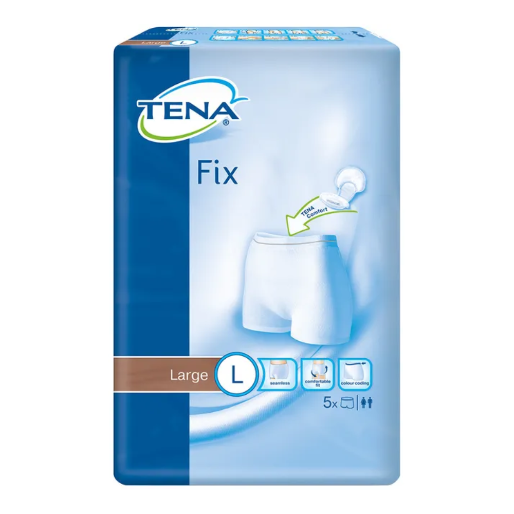 Les culottes de fixation pour incontinence TENA Fix de TENA - Essity Germany GmbH offrent un confort de port sûr et confortable. L'emballage bleu indique clairement un grand « L » pour la taille L et contient un diagramme illustrant l'ajustement ainsi que des symboles mettant en avant les fonctionnalités de protection contre les fuites. Chaque paquet contient 5 pièces, spécialement conçues pour une protection fiable.