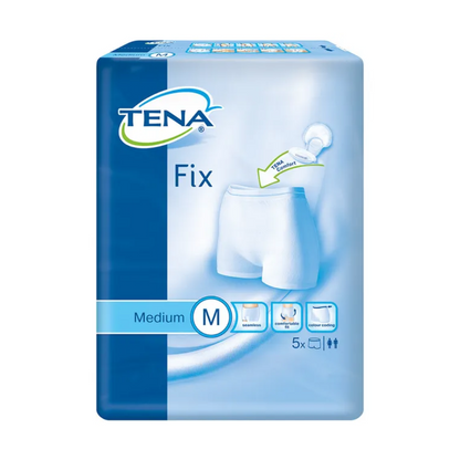 Une image de l'emballage des culottes de fixation pour incontinence TENA Fix de TENA - Essity Germany GmbH en bleu et blanc montre des sous-vêtements blancs de style slip avec l'inscription « Medium M ». Le design souligne la lavabilité, le confort et la protection contre les fuites et indique un ensemble de cinq articles conçus pour une protection maximale.