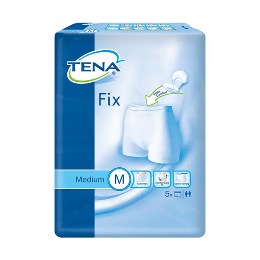 Eine Packung TENA Fix Inkontinenz-Fixierhosen in Größe Medium, abgebildet in Weiß. Die Verpackung hebt Eigenschaften wie sicheren Sitz und Kompatibilität mit anderen TENA-Produkten hervor. Die Menge beträgt 5 Stück pro Packung und sie ist sowohl für Männer als auch für Frauen geeignet.