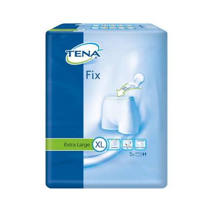 L'emballage des culottes de fixation pour incontinence TENA Fix en taille XL de TENA - Essity Germany GmbH se distingue par une représentation vivante du produit. Il est principalement bleu avec des accents verts qui soulignent la protection contre les fuites, contient 5 pièces et convient aussi bien aux hommes qu'aux femmes.