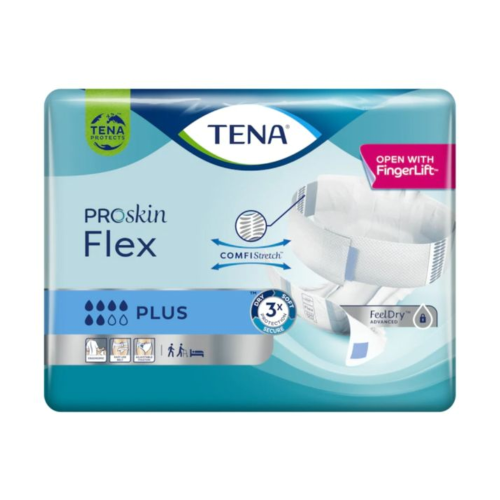 L'emballage de la culotte d'incontinence TENA Flex Plus de TENA – Essity Germany GmbH est en bleu et blanc. Il contient des symboles indiquant le niveau d'absorption et l'inscription « Ouvrir avec FingerLift » est placée de manière proéminente en haut à droite au-dessus de la ceinture.