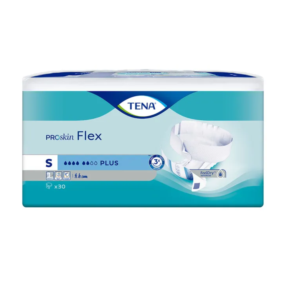 L'emballage de la culotte d'incontinence TENA Flex Plus en taille Small se présente dans un design bleu et blanc avec une image de couche qui met en avant la capacité d'absorption « Plus », la technologie FeelDry et la ceinture pour un confort accru. Chaque paquet contient 30 unités de protection d'incontinence de la marque TENA – Essity Germany GmbH.