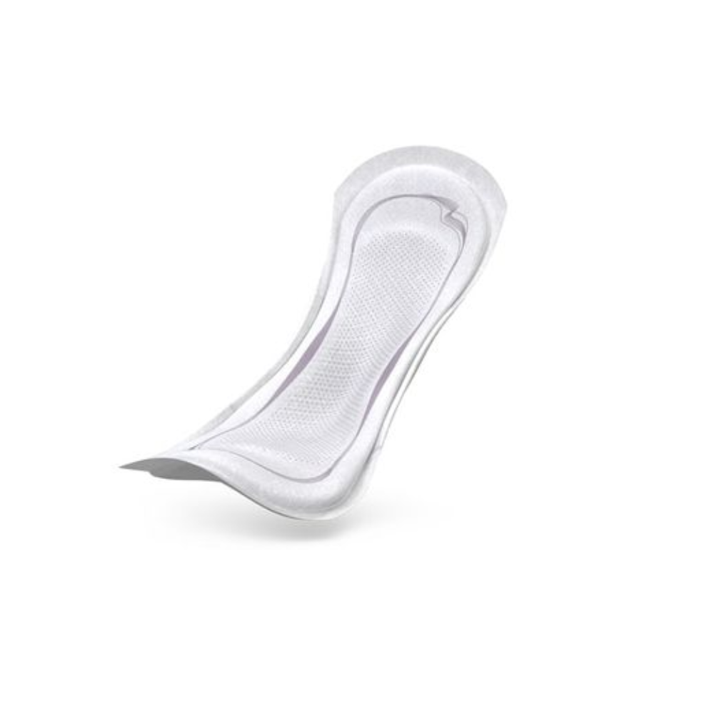 Le protège-slip TENA Lady Discreet Extra de Essity Germany GmbH se distingue par une forme incurvée et une surface texturée sur un fond blanc simple. Ce produit, équipé de la technologie InstaDRY, offre une protection et un confort supérieurs pour tous ceux qui recherchent des solutions d'incontinence fiables. Disponible en paquet de 20 pièces.
