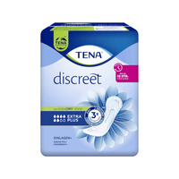 Op de afbeelding is een verpakking te zien van TENA Lady Discreet Extra Plus incontinentieverband van Essity Germany GmbH, dat bedoeld is ter bescherming van de gevoelige blaas. De verpakking is overwegend blauw met een wit bloemmotief en benadrukt kenmerken zoals „InstaDRY-technologie“ en „3x bescherming“, wat de doeltreffendheid als oplossing voor incontinentieverband onderstreept.