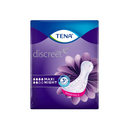 De TENA Lady Discreet Protect+ Maxi Night incontinentieverbanden van Essity Germany GmbH hebben een paarse verpakking met een wit inlegplaatje, de tekst '3x bescherming' en absorptiedruppels. De InstaDRY-technologie versterkt de bredere achterkant voor optimaal comfort en veiligheid. De verpakking bevat 12 stuks.