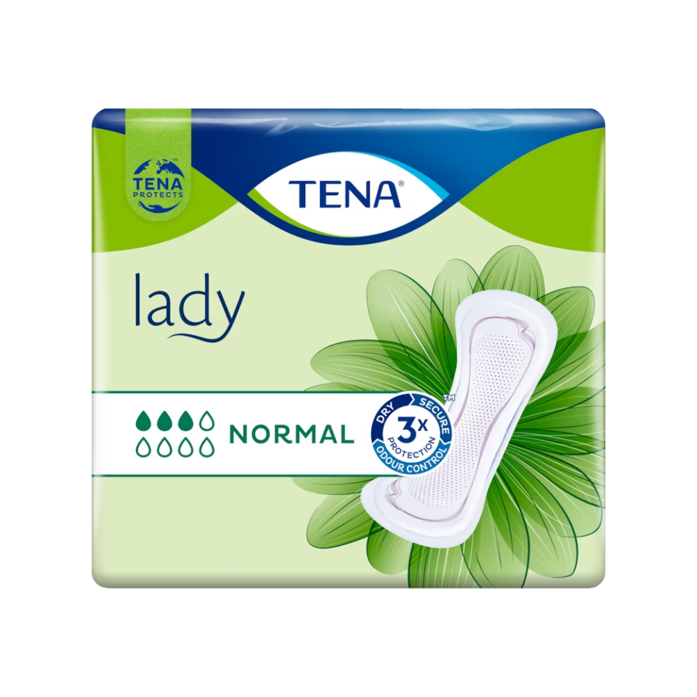 De TENA Lady Normal inlegkruisje | Verpakking (30 stuks) van TENA - Essity Germany GmbH, ontwikkeld voor de behandeling van blaaszwakte, wordt gepresenteerd op een groen-blauwe achtergrond. De verpakking benadrukt '3x bescherming' en 'geurcontrole' en toont aan de rechterkant een grafiek van het inlegkruisje om dit effectieve incontinentieproduct te demonstreren.