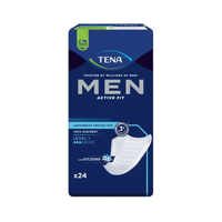 Photo de l'emballage des protections pour incontinence TENA Men Active Fit niveau 1. L'emballage bleu foncé, sur lequel figure le logo TENA en haut, porte la mention « Utilisées par des millions d'hommes » et met en avant leur « design discret » et leur « zone d'absorption sécurisée ». On y voit un protège-slip blanc contenant 24 pièces.