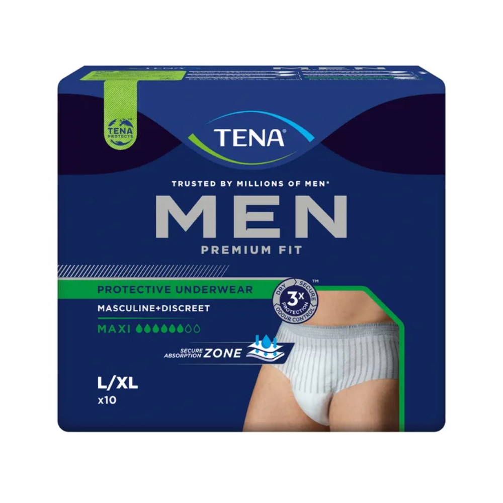 L'emballage des TENA Men Active Fit Pants Maxi Inkontinenzpants est présenté. L'emballage bleu foncé met en avant des caractéristiques telles que « masculin + discret » et « Maxi Absorption », ce qui le rend parfait pour les pertes urinaires importantes. Une illustration des Inkontinenzpants et de la taille L/XL est visible.