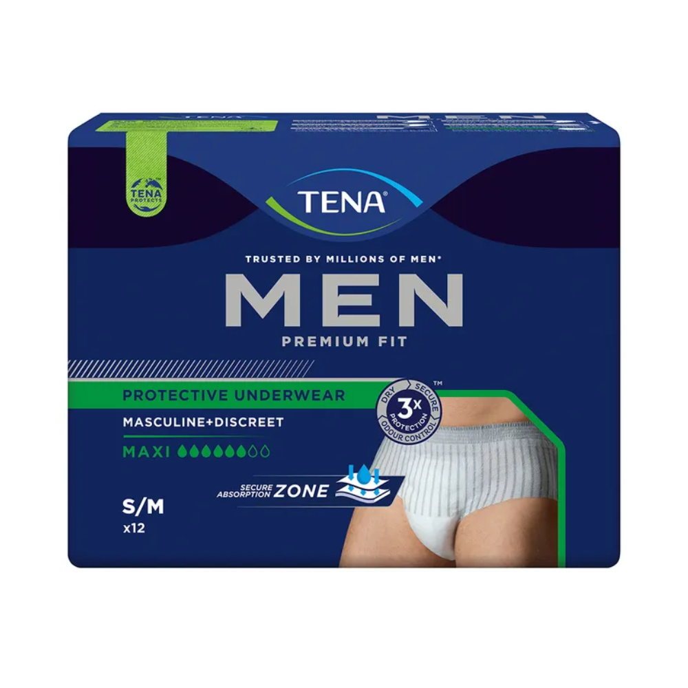 Emballage du TENA Men Active Fit Pants Maxi Inkontinenzhose en taille S/M de TENA - Essity Germany GmbH. Le design se distingue par une apparence masculine et discrète, parfait pour les pertes urinaires importantes avec une absorption maximale. Une image du produit est affichée, accompagnée d'un texte indiquant une absorption sécurisée et un nombre de 12 pièces.