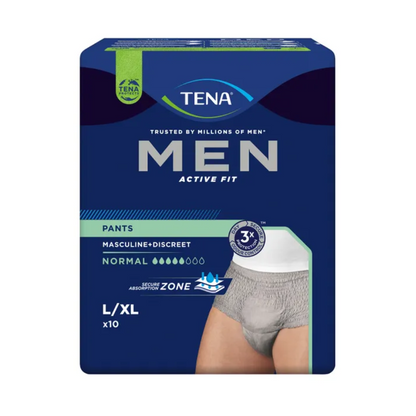 L'image montre un paquet de TENA Men Active Fit Pants Normal Inkontinenzhose en gris, de TENA – Essity Deutschland GmbH. Le paquet est de taille L/XL et contient 10 pièces. Il met l'accent sur des caractéristiques telles qu'un design « masculin + discret » et une « zone d'absorption sécurisée », ce qui le rend parfait pour gérer en toute sécurité les pertes urinaires.