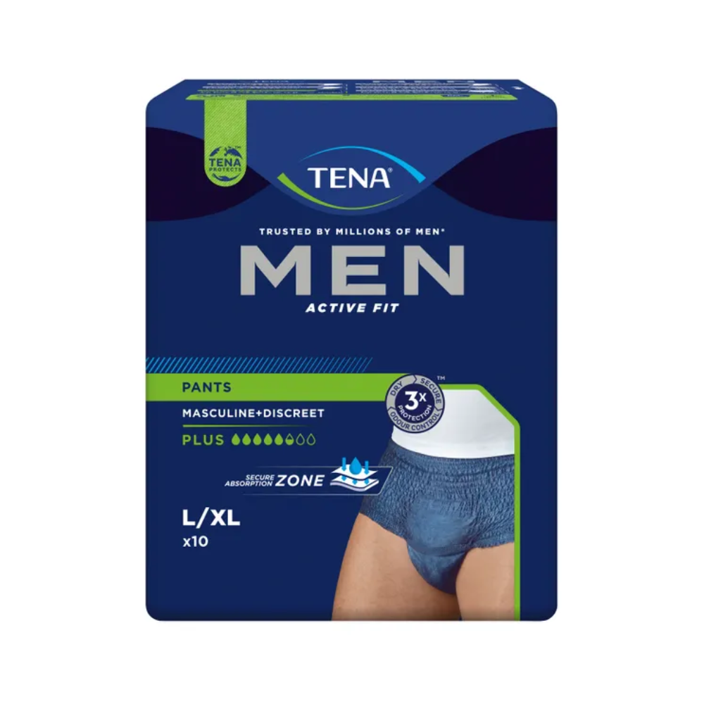 L'image montre un paquet de pantalons d'incontinence TENA Men Active Fit Pants Plus de Essity Germany GmbH. L'emballage bleu avec des marquages verts indique qu'il contient 10 pantalons en taille L/XL, parfaitement adaptés au traitement de l'incontinence urinaire. Les caractéristiques remarquables sont le design masculin, l'ajustement discret et la haute capacité d'absorption.