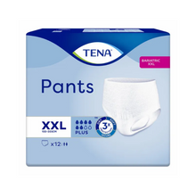 Die Verpackung der TENA Pants Bariatric Plus Inkontinenzhose für adipöse Menschen in Größe XXL hebt bariatrische Inkontinenzhosen hervor. Die blau-weiße Schachtel zeigt das Produktbild und betont die Kapazität für bis zu 3-fache Absorption und die Passform für Taillengrößen von 150 bis 203 cm, wobei jede Packung 12 Hosen enthält.
